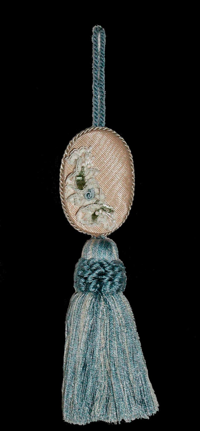 Fancy Tassels With Moire, Lace and Rosebud Decoration - 2 available 1 pink 1 blue