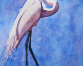 White Egret Beach Bird Painting, Shore Wildlife Art Print Original Watercolor, Ocean Heron, Barbara Rosenzweig, Tropical Exotic Nature, Etsy
