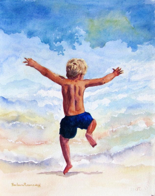 Beach Surf Boy, Canvas Giclee Painting Art Print, Child Water Seashore Fun, 16x20 Reproduction of Original Watercolor, Barbara Rosenzweig
