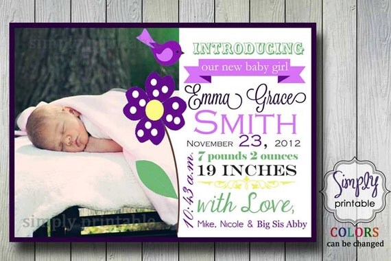 Birth Announcement Purple Green Il_570xn