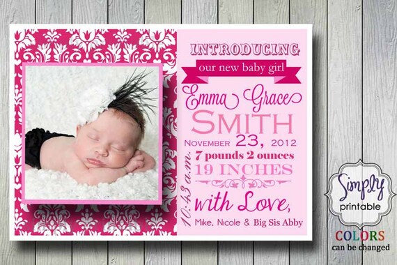 Girl Birth Announcement Pink Damask Il_570xn