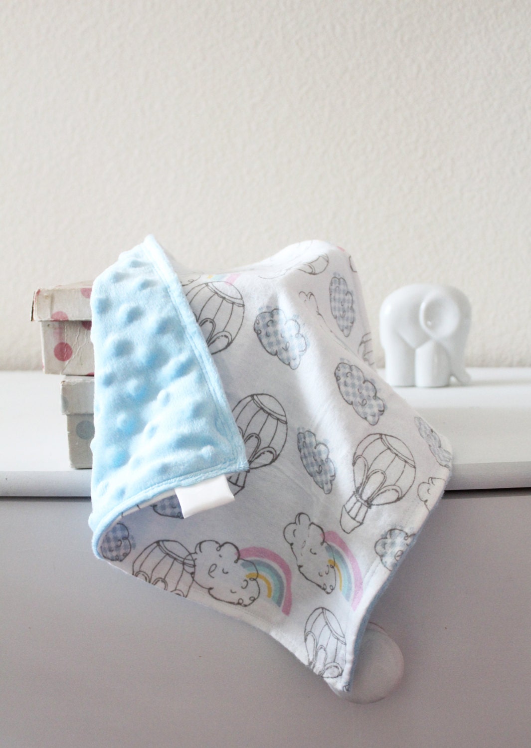 Hot Air Balloon and Rainbow with Blue minky Mini Blanket