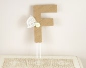 Medium Burlap Wrapped Letter F with pale yellow flower decor - wedding decoration monogram for cake topper, table centerpiece