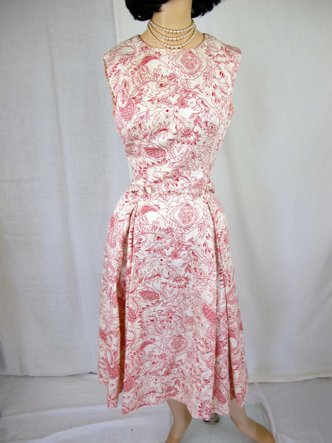 1950s 60s White and Red Printed Sun Dress