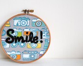 Smile Embroidery Hoop Wall Art - Wooden Hoops with Camera Fabric - Perfect gift for Photographers