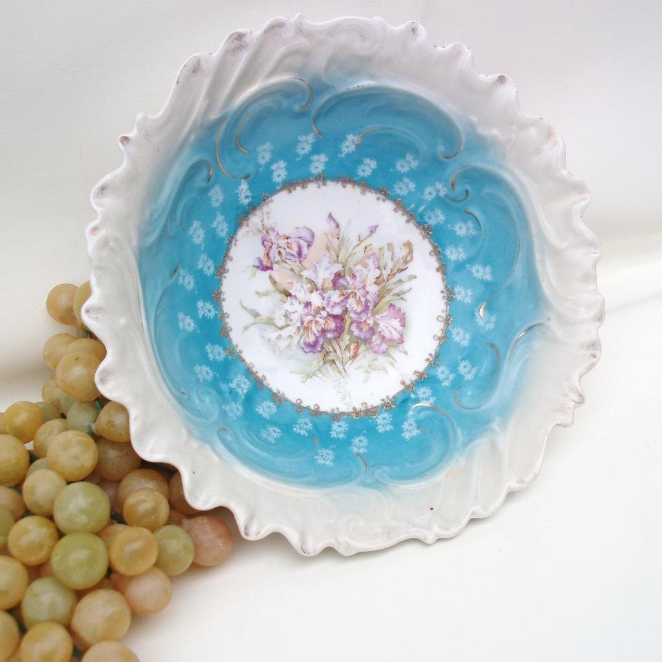 Large Round Serving Bowl Turquoise Porcelain Bowl Vegetable Dish Purple Iris Scalloped Edge Bowl