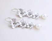 Silver Cherry Blossom Earrings, Freshwater Pearls, Argentium Sterling Silver French Hoops, Spring Flower Earrings, Wedding Jewelry
