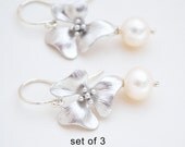 DISCOUNTED Set of 3, Cherry Blossom Flower Earrings ,Freshwater Pearl, Argentium Sterling Silver Hoops, Bridesmaid Gift, Wedding Jewelry