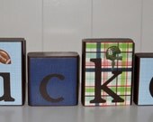 Nursery room decor sports themed wood block letters to match pottery barns junior varsity bedding/ 6 Letter Custom Made Wood Block Name