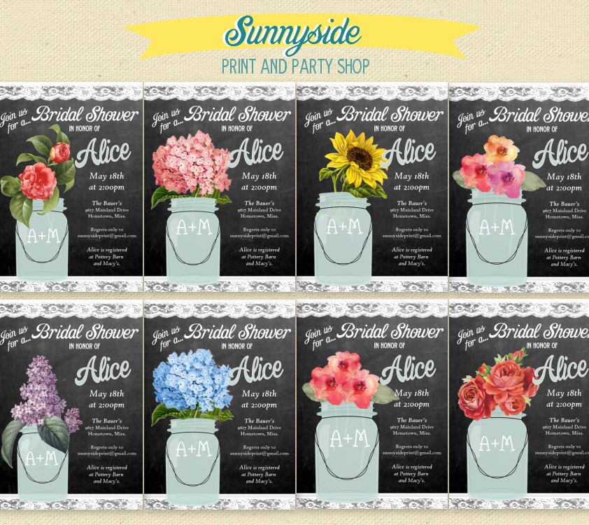 Chalkboard Floral Mason Jar - Bridal Shower Invitation - 10 flower choices Il_170x135
