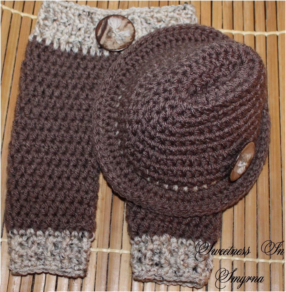 Crochet Baby Pants Matching Fedora - Pork Pie Hat - Crochet Baby Hat with Matching Pants - Brown - Taupe - Oatmeal - Newborn Photo Prop Set