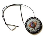 Art to wear, grey necklace,  quilted pendant, grey garden, hand applique flowers
