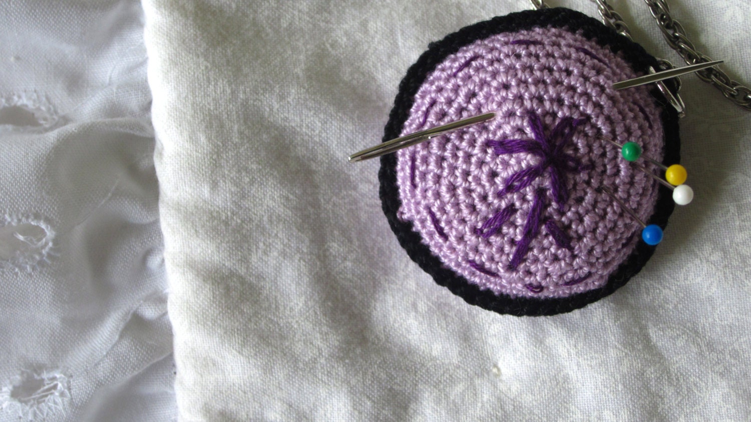 REDUCED Unique Pincushion Pendant, Crochet Pillow Necklace, Embroidered Flower, Purple, Lavender, Black, Embroidery Sewing Supplies
