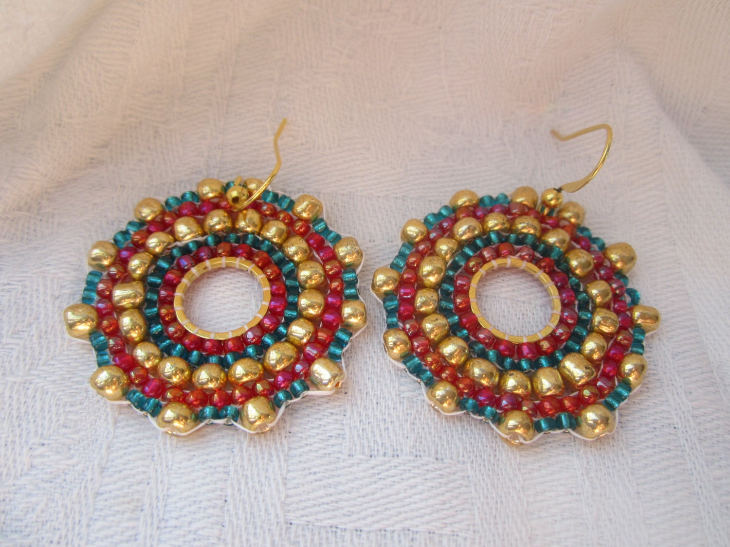 Red, Aqua, and Gold Beaded Earrings,Beadwork, Drop, Dangle, Handmade, Weddings, Bridal Accessories
