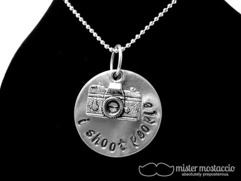 I Shoot People Hand Stamped Necklace with Camera Charm