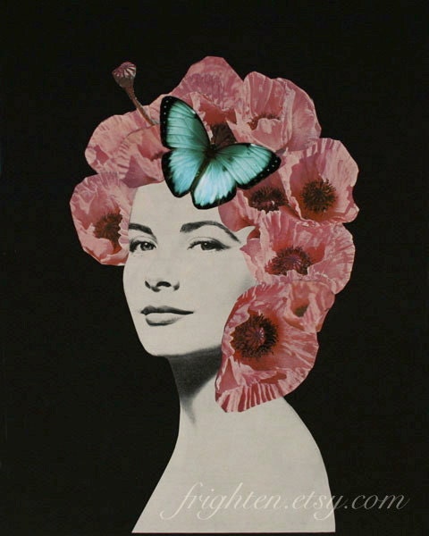 Paper Collage, Grace, One of a Kind Avant Garde Spring Floral Pink and Black Art, Dark Floral