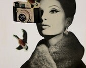 Paper Collage Print, Bird Watching, Black and White Retro Art Print