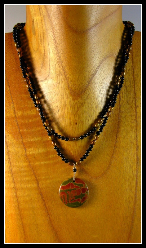 Reduced for Mother's Day - Pendant Made From Cherry Creek Jasper, Onyx and Pearl With Gold Filled Findings
