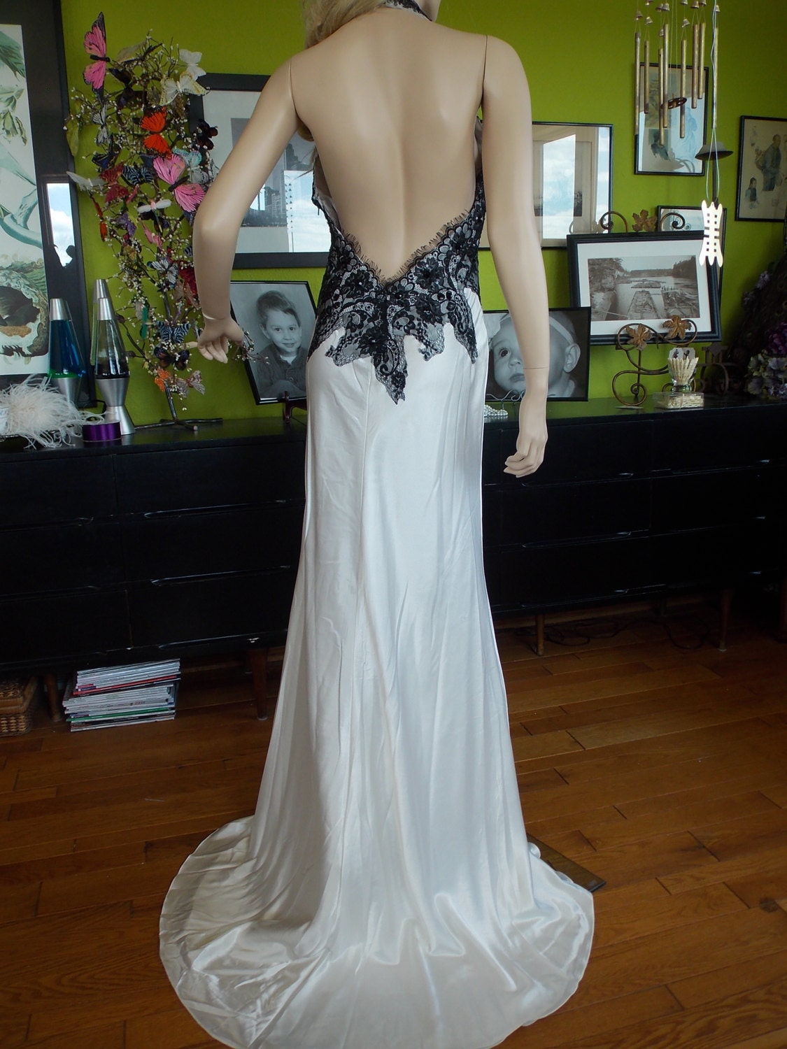 Wedding dress Backless Black chantilly lace ivory bias cut 1930s Inspired bridal gown alternative wedding dress