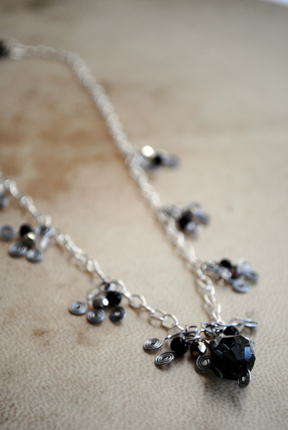 Slate Grey Glass Beaded Chain Necklace Silver Black Fairy Jewelry