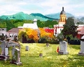 Spring Pastel - view small southern town - church tower & town hall Blue Ridge Mtns - soft pink blue green watercolor-like-  matted to 8x10
