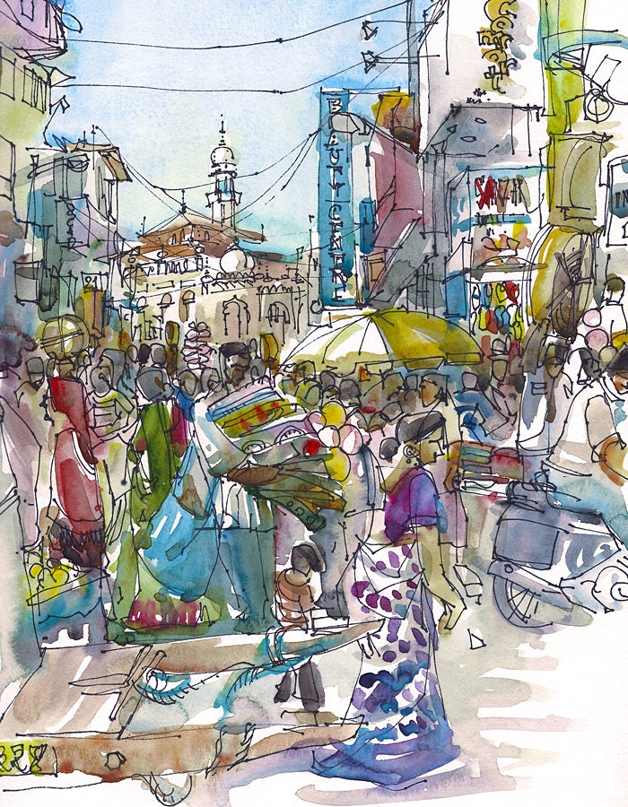 India sketch,  Crowded Street in Mumbai, India 8x10 print of a watercolor sketch