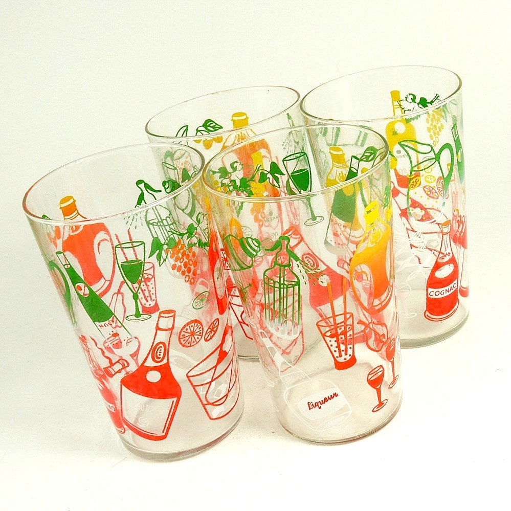 Vintage 50s Mid Century Modern Kitsch Atomic Cocktail Theme Drinking Glasses x4