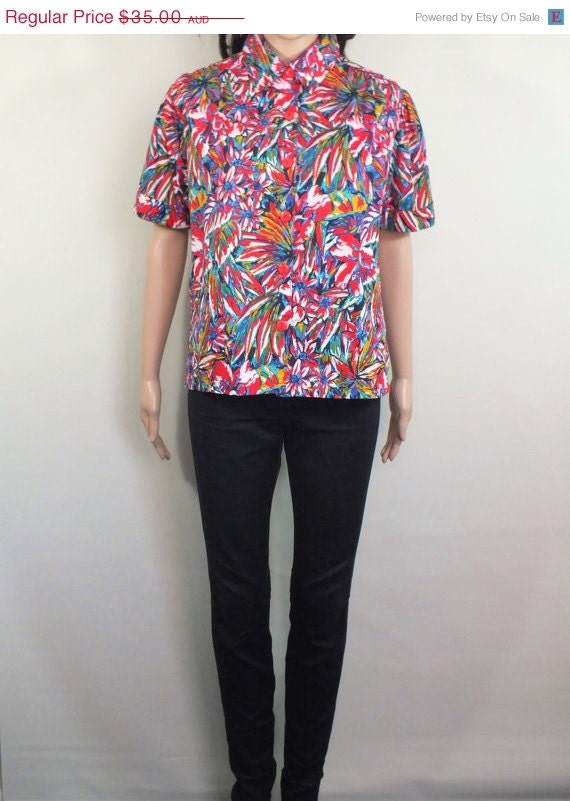 ON SALE Vintage 1980s Oversized Button Up Collared Blouse Shirt / Floral / Red, White, Yellow, Green, Blue, Purple / Size S - M