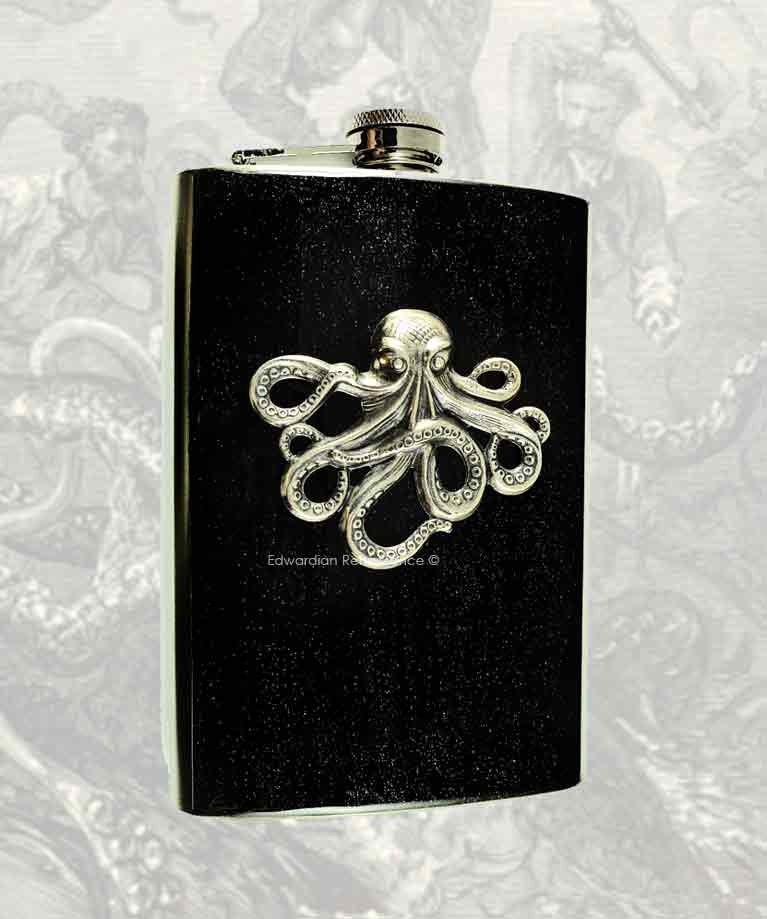 Steampunk Antique Silver Octopus Flask Metallic Black Neo Victorian Kraken Stainless Steel 8oz Metal Hip Flask