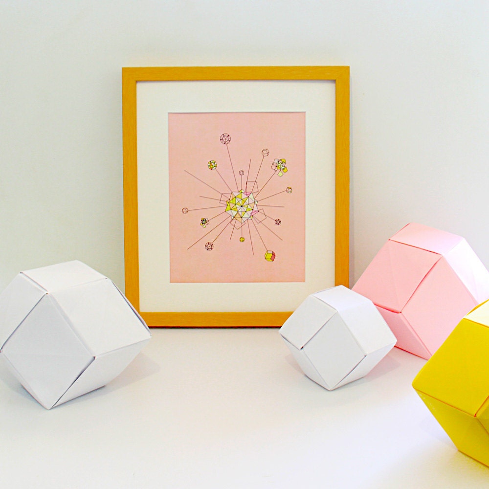 Champagne Supernova - Dodecahedron, Modular Origami Art Print, 8" x 10" (20cm x 25cm) in Pink