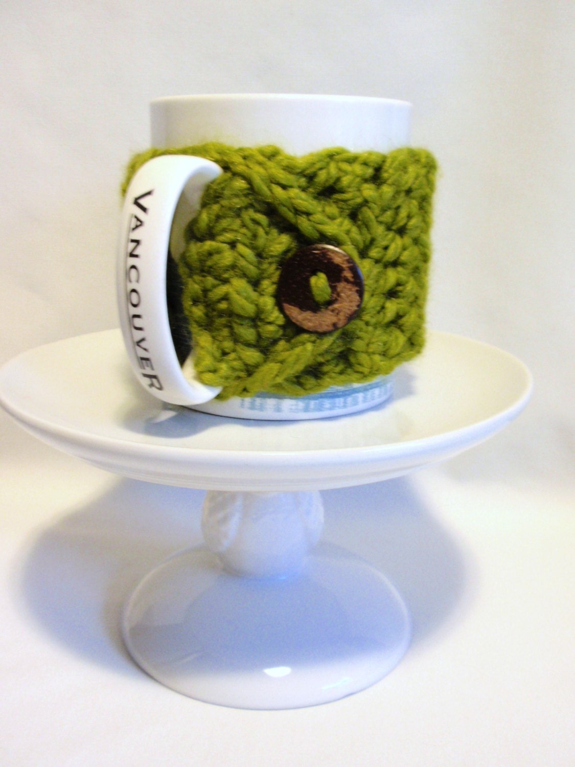 Coffee Cup Cozy LEMON GRASS  crocheted Chunky  Mug Cozy with Coconut  Button Acrylic and Lambs Wool Birthday Gift,   Ready to SHIP