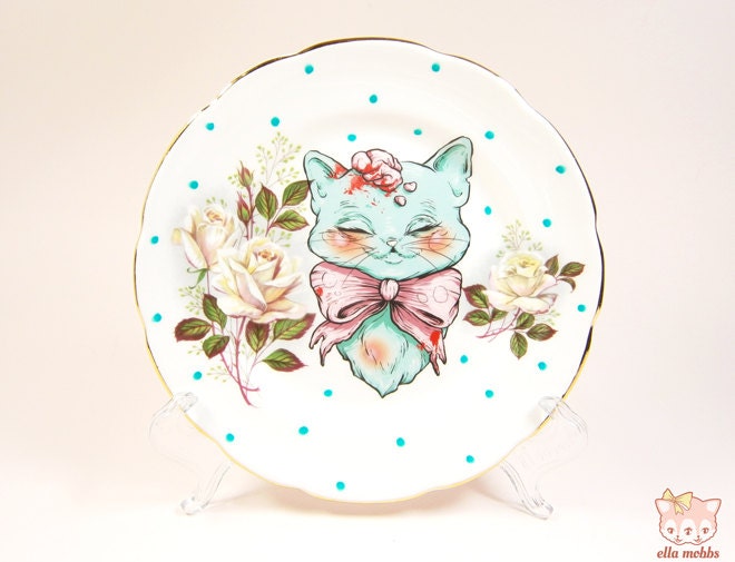 Vintage Butter Plate with a 'See No Evil' Cat Illustration