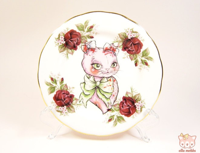 Vintage Butter Plate with a 'Hear No Evil' Cat Illustration