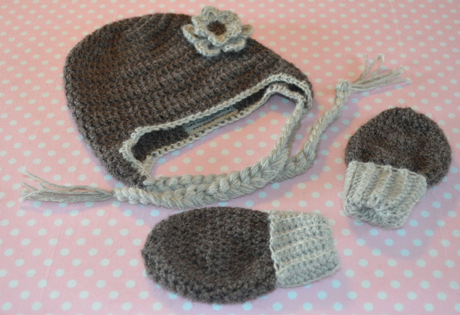 Natural Alpaca Earflap Hat and Thumbless Mitten Set for 1-3 Year Old in Shades of Gray with Flower
