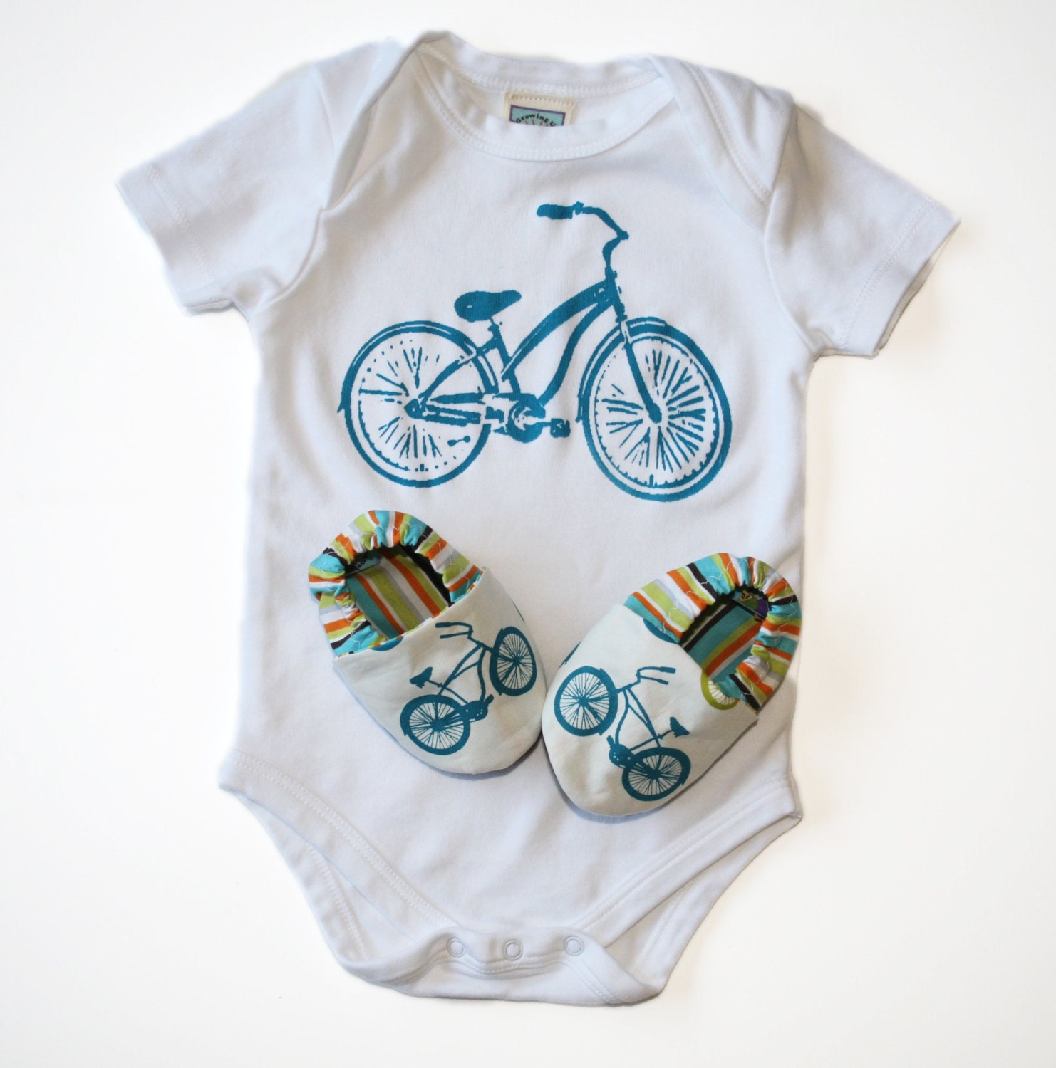 Bicycle Baby Gift Set- Organic Cruiser Bike Shoes and Organic Bodysuit - 0 3 6 12 18 months Eco Friendly Baby Clothing
