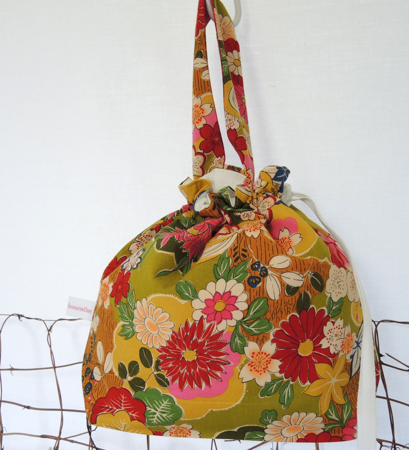 Knitting Bag: Drawstring Tote Bag, Bright Floral -- Greens, Pink, Red