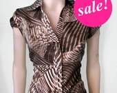 Gray blouse, Grey top, SALE, Tailored, 40s inspired, sateen, Op ArT print, with flattering piping band in grey, S to XL, Mad Men top,