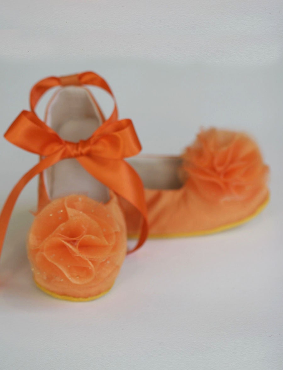 Flower Girl Ballet Flat - Orange Satin Toddler Shoe - Couture Ballet Slipper -  14 colors - Satin and Tulle - Baby Souls Baby Shoes