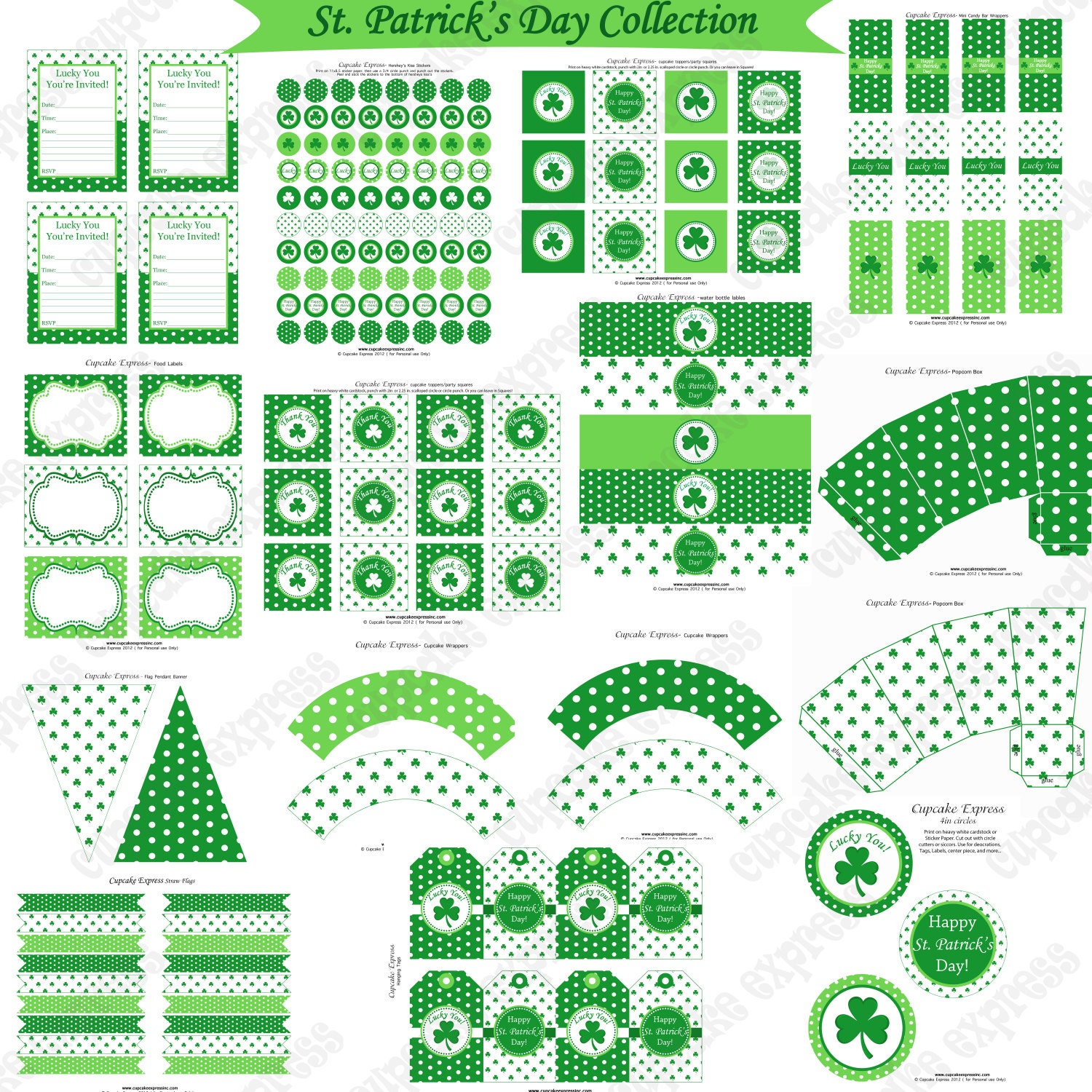 Sale 80% off INSTANT DOWNLOAD diy St. Patrick's Day PRINTABLE Deluxe Party Package Cupcake Express Il_570xn