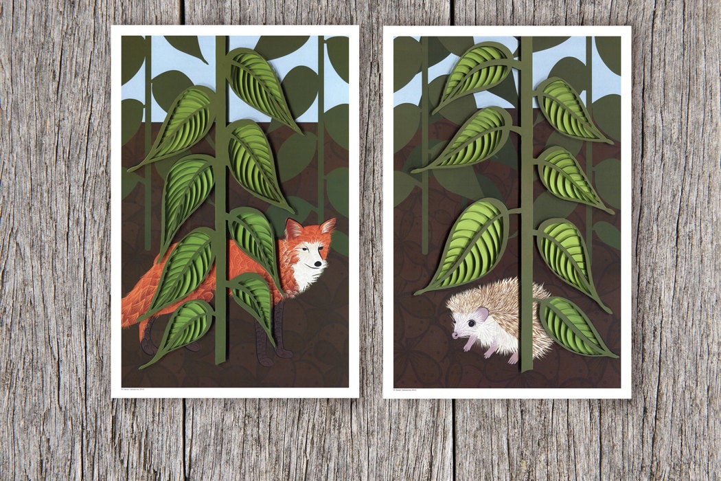 Woodland animals poster set, hand drawn / paper quilling / cut paper, fox and hedgehog poster, Fox and hedgehog paper art print