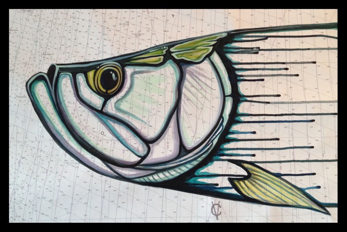 Tarpon painting on nautical chart by Carin Vaughn