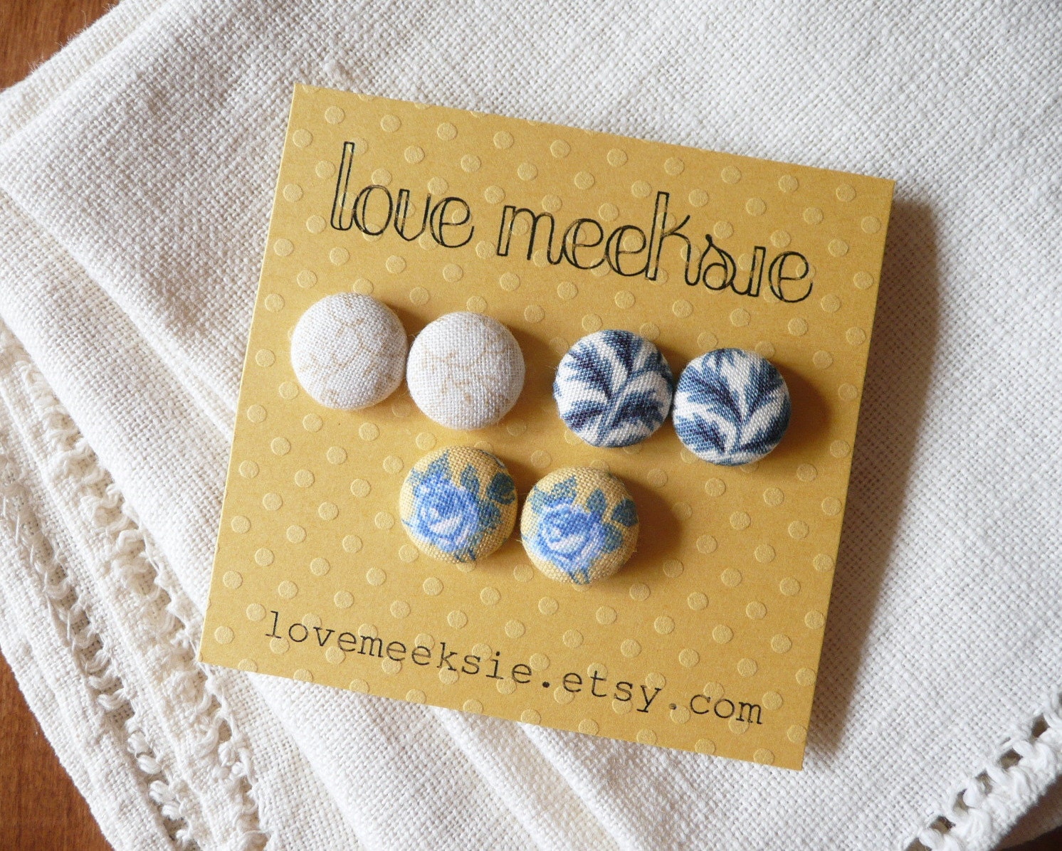 clear day - fabric covered button earrings, gift set of 3 small earring studs, lightweight