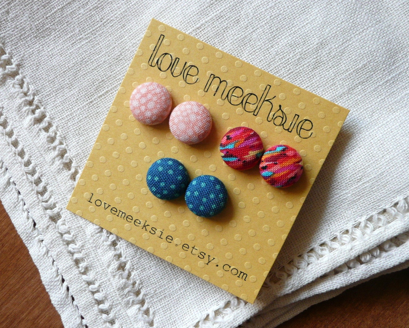 color queen - fabric button stud earrings, bright colors, set of 3