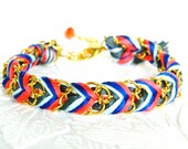 Coral Sea Breeze  - Dark Slate, Brighter Skies, Royal Blue & Neon Coral - Adjustable Chevron Braided Modern Friendship Bracelet - Gold Chain