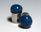 Gauges, 0g plugs, Indigo Lapis pearl design. Polymer clay ear plugs for stretched ears. Blue, glitter, sparkly, cobalt.