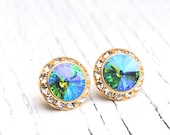 Blue Green Rainbow Mist Diamond Rhinestone Earrings Swarovski Crystal Pastel Rainbow Aurora Borealis - Mashugana