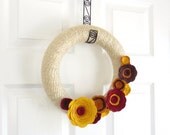 Fall Yarn Wreath. Autumn Door Wreath. Autumn Fall Decor. Wheat, Mustard, Brick Red, Pumpkin Orange Yarn Wreath with Felt Flowers