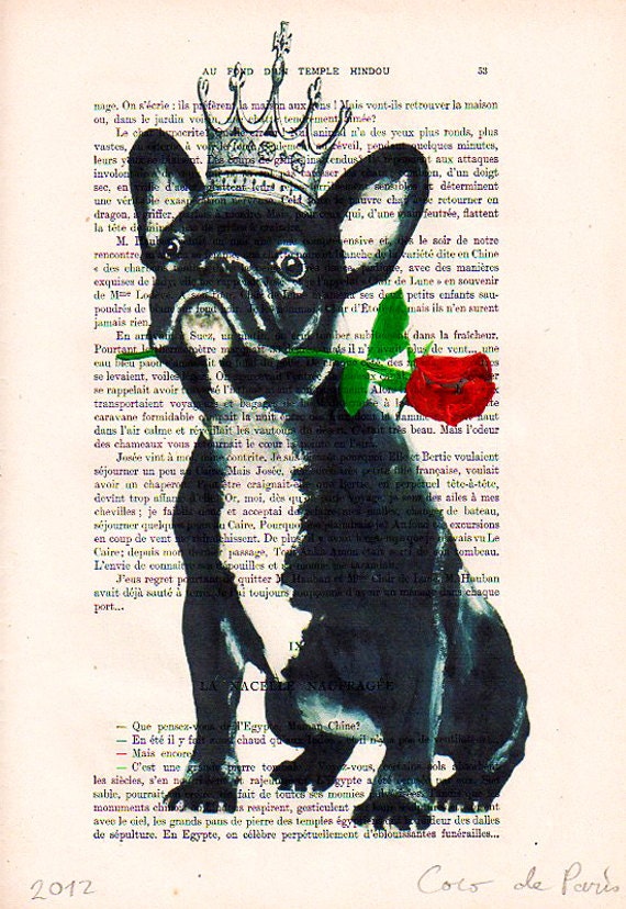 Original Illustration Digital Print Mixed Media Art Poster Acrylic Painting Holiday Decor Drawing Valentine's Day: Boston Terrier and Rose