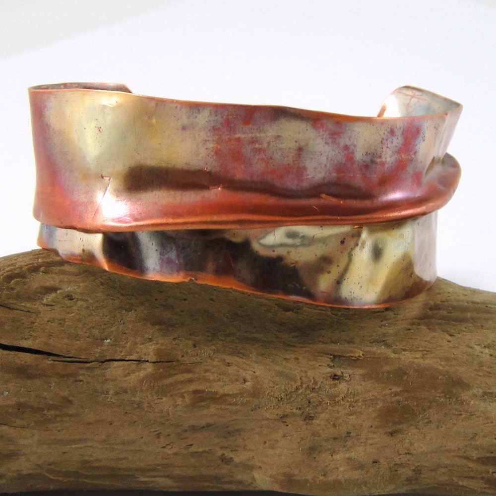 Copper Cuff Bracelet Fold Formed Flame Painted