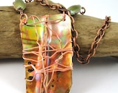 Fold Formed Wire Wrapped Copper Necklace Enameled Beads